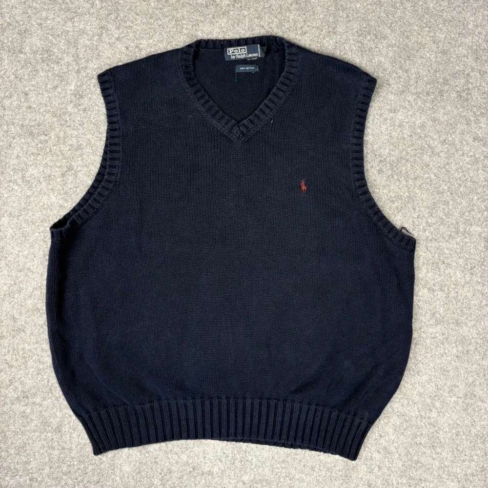 Polo Ralph Lauren Mens XL Navy Blue Cotton V-Neck Sweater Vest Red Pony Logo